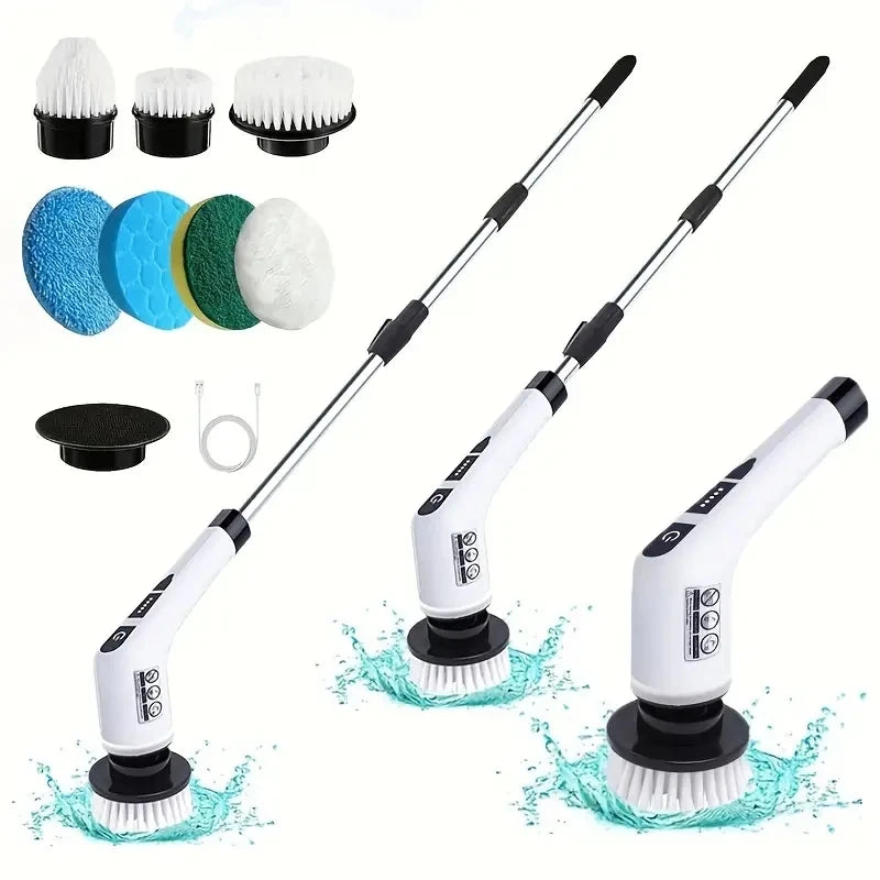 Electric Cleaning Brush Set — 7 Heads & Extension Handle