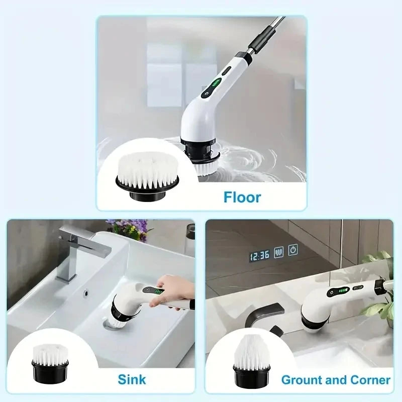 Electric Cleaning Brush Set — 7 Heads & Extension Handle